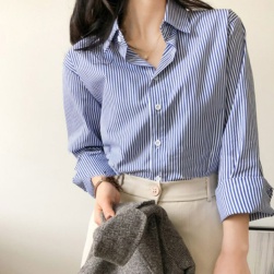韓国風ファッション きれいめ系 ストライプ柄 通勤 シングルブレスト シャツ