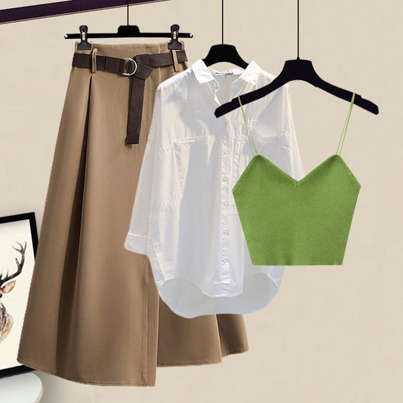 グリーンキャミソール+ホワイトシャツ+ベージュスカート/セット