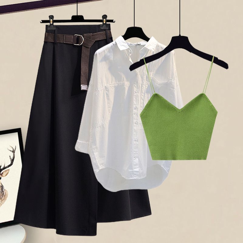 グリーンキャミソール+ホワイトシャツ+ブラックスカート/セット