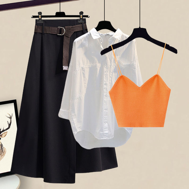 オレンジキャミソール+ホワイトシャツ+ブラックスカート/セット