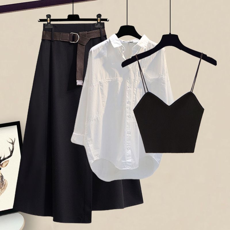 ブラックキャミソール+ホワイトシャツ+ブラックスカート/セット
