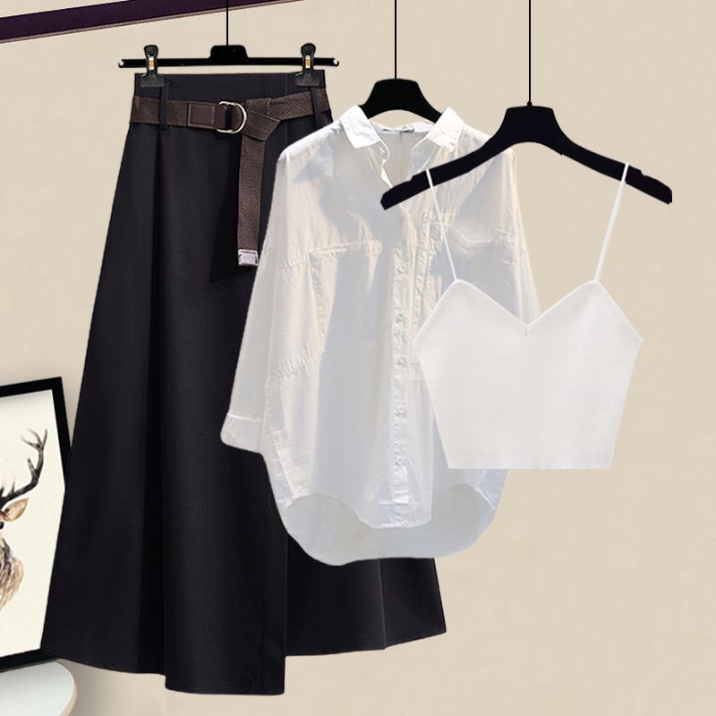 ホワイトキャミソール+ホワイトシャツ+ブラックスカート/セット