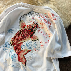【男女兼用】人気高い オシャレ刺繍魚柄Tシャツ