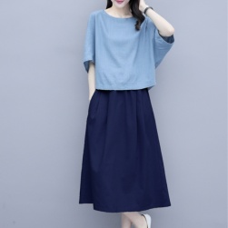 女性 ファッション 韓国 ゆったり 柔らかい シャツ＋ミドル丈 スカート 2点セットアップ