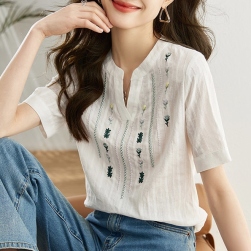 韓国風ファッション フェミニン 無地 プルオーバー 半袖 Vネック Tシャツ