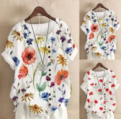 絶対可愛い 合わせやすい ゆるい 体型カバー カジュアル 花模様 半袖 切り替え Tシャツ