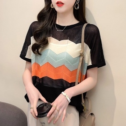 韓国風ファッション フェミニン 配色 ラウンドネック レトロ ニット 半袖 Tシャツ カットソー