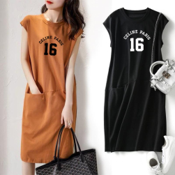 韓国風ファッション 気質アップ アルファベット 接触冷感 シンプル Aライン カジュアルワンピース Tシャツ