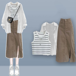 韓国風ファッション タンクトップ+ゆったり 折り襟 シャツ+スリット デニム スカート ３点セット