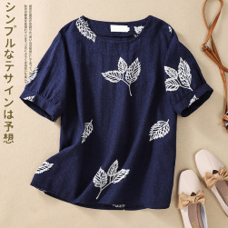 好感度UP シンプル 清新 刺繍 花模様 ラウンドネック 半袖 リネン 森ガール Tシャツ