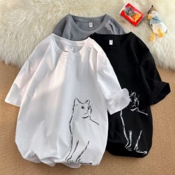 男女兼用 肌触りよく 猫プリント ラウンドネック半袖 Tシャツ