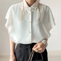 個性的なデザイン 無地 シンプルギャザー折り襟シングルブレストフリル袖 シャツ