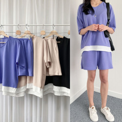韓国風ファッション 半袖 Tシャツ 女性 カジュアル ルーズ＋ショット丈パンツ 2 点セット