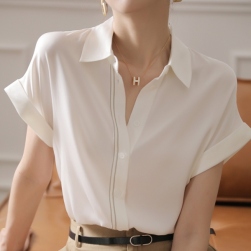 人気を独占中♡ シンプル 通勤 ゆったり 半袖 無地 切り替え 折襟 シングルブレスト シャツ