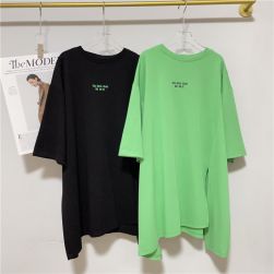 快適な肌触り シンプル プリント ラウンドネック 半袖 グリーン スリット ゆったり ロング Tシャツ