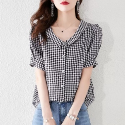 韓国風ファッション シンプル チェック柄 半袖 シャツ