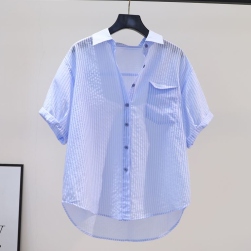 気質アップ 刺繍 ポケット ストライプ 女性 カジュアル 半袖シャツ