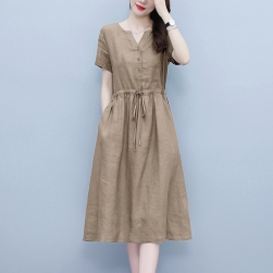 韓国風ファッション シンプル 無地 Aライン 綿麻 カジュアルワンピース