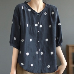 人気新作 刺繡 花模様 可愛いデザイン ラウンドネック シングルブレスト レディース シャツ