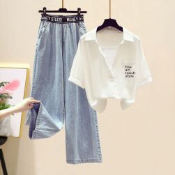 【単品注文】ファッション 切り替え 半袖 Ｔシャツ+ハイウエスト アルファベット デニム ガウチョパンツセットアップ