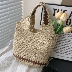 人気新作 リゾート風 シンプル 透かし彫り 草編み オープン ハンドバッグ