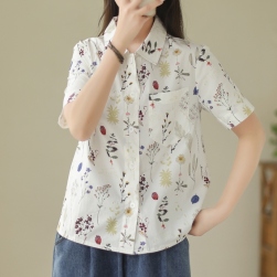 個性的なデザイン 花模様 折り襟 花柄 森ガール 半袖 シャツ