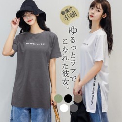 【5色展開】お洒落 ラウンドネック プルオーバー ゆったり アルファベット スリット Tシャツ