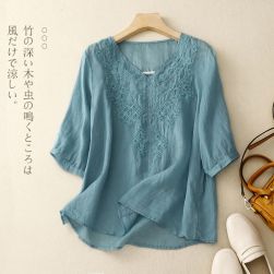 快適な肌触り 森ガール 花模様 Vネック 半袖 Tシャツ