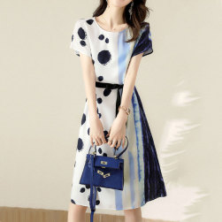 韓国風ファッションドット柄 配色 プルオーバー ラウンドネック ボウタイ ハイウエストエレガントワンピース