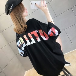 韓国風ファッション アルファベット２色vネックルーズ体型カバーＴシャツ