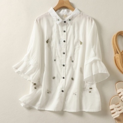 デザイン性抜群 花模様 シングルブレスト 折り襟 フレア袖シャツ