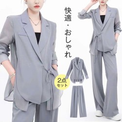 【二点セット】韓国風ファッション 無地 折り襟 カジュアル ボウタイ スーツ+ハイウエスト 無地 パンツ ２点セットアップ