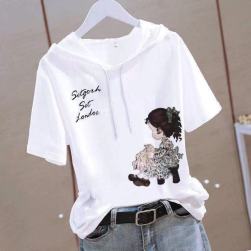 可愛いデザイン カジュアル フード付き カートゥーン プリント Tシャツ