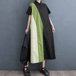 一番安い新作 シンプル ファッション 大きめのサイズ感 カジュアル ナチュラル 配色 POLOネック Aライン ワンピース