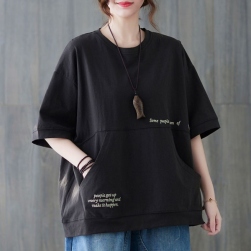 文芸 刺繡 アルファベット ラウンドネック 半袖 無地 ポケット付き L-5XL レディース Tシャツ