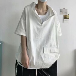 夏服 ブランド 無地 ゆったり スタンドネック フード付き ファスナー メンズ 半袖合わせやすいＴシャツ