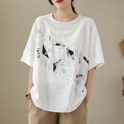 韓国風ファッション 合わせやすい ゆるい 体型カバー プリント 森ガール Tシャツ