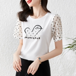 女っぽさが漂う エレガント 刺繍 プリント 透かし編み アルファベット Tシャツ