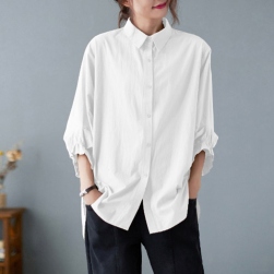個性的なデザイン レトロ七分袖ナチュラル大きめのサイズ感折り襟シングルブレスト無地伸縮性ありシャツ