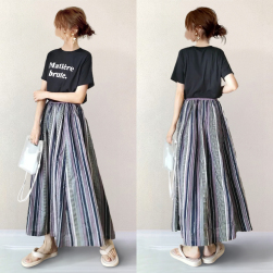 【2点SET】好評発売中 個性的なデザイン アルファベット 半袖 シャツ+ハイウエスト Aライン ギャザー スカート セットアップ