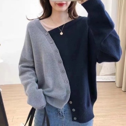 韓国で人気爆発 ファッション 長袖 ワンショルダー 配色 ボタン ニットセーター