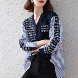 設計感 韓国系 配色 ストライプ柄 Vネック ファッション フェミニン ニットセーター