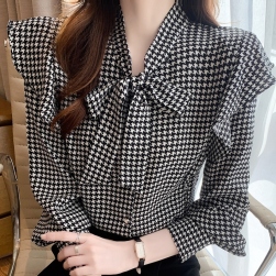 韓国で人気爆発 ファッション リボンカラー シングルブレスト シフォン シャツ