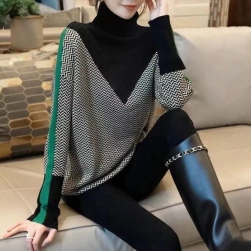 韓国で人気爆発 ファッション 配色体型をカバー ハイネック 切り替え ニットセーター