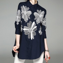 花模様 刺繍 折り襟 不規則 ルーズ 通気性良い 個性的なデザイン 通勤 レディース シャツ