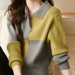 品質のいい新品 カジュアル 配色 折り襟 長袖 ニットセーター