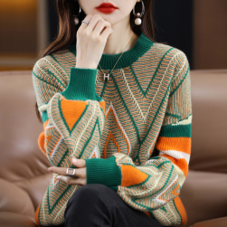 女っぽさが漂う シンプル 長袖 配色 ラウンドネック 秋冬 ニットセーター
