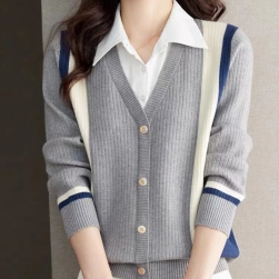韓国風ファッション ファッション 配色 折り襟 レイヤード ニットセーター