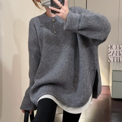 様々な体型に対応 シンプル 韓国系 長袖 無地 スリット ロング 秋冬 ニットセーター