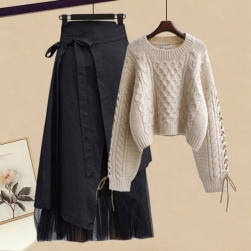 可愛いデザイン 快適スクープ 編み上げ付き 長袖セーターと蝶結び付きスカートセットアップ